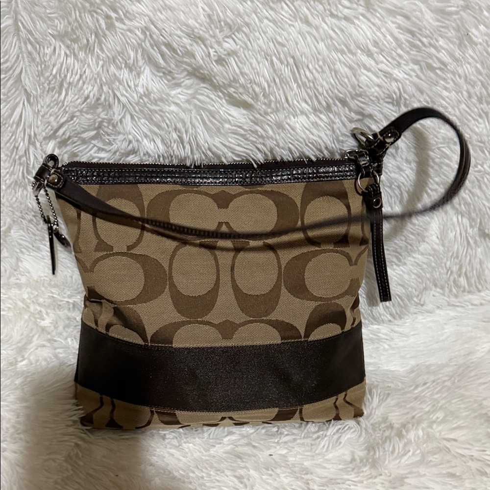 Coach Brown Signature Canvas Shoulder Bag with Leather Trim